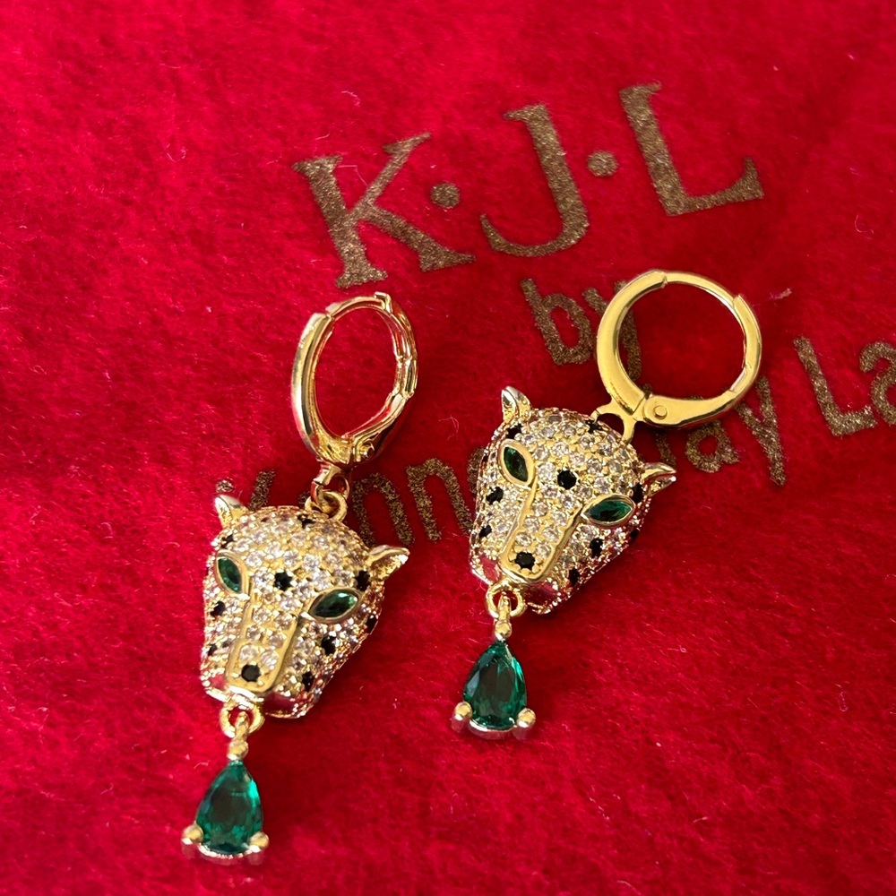 Vintage KJL Runway Leopard Head Drop Earrings with Emerald Green CZ Stones